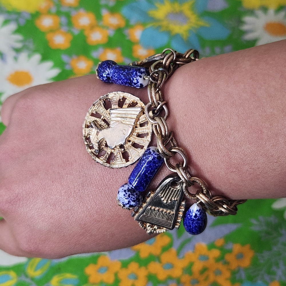 Vintage 70s Egyptian Revival Faux Lapis Lazuli Gold Charm Bracelet